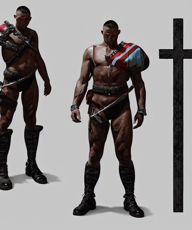 Image similar to muscular roman soldier with a white cross in the chest by simon bisley, dale keown and greg rutkowski, full body armor! vivid color scheme, unreal engine 5