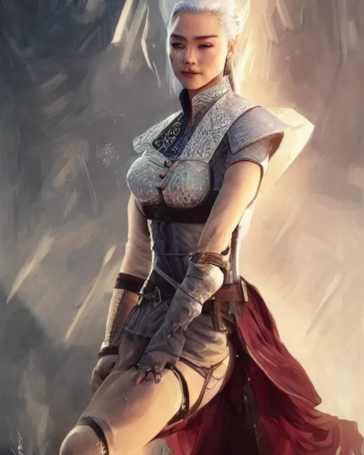 Prompt: Zhang Ziyi as Ciri from Witcher 3 by Artgerm and Greg Rutkowski, wearing haute couture by schiaparelli, sharp focus, sun rays, intricate, elegant, highly detailed, digital painting, masterpiece.