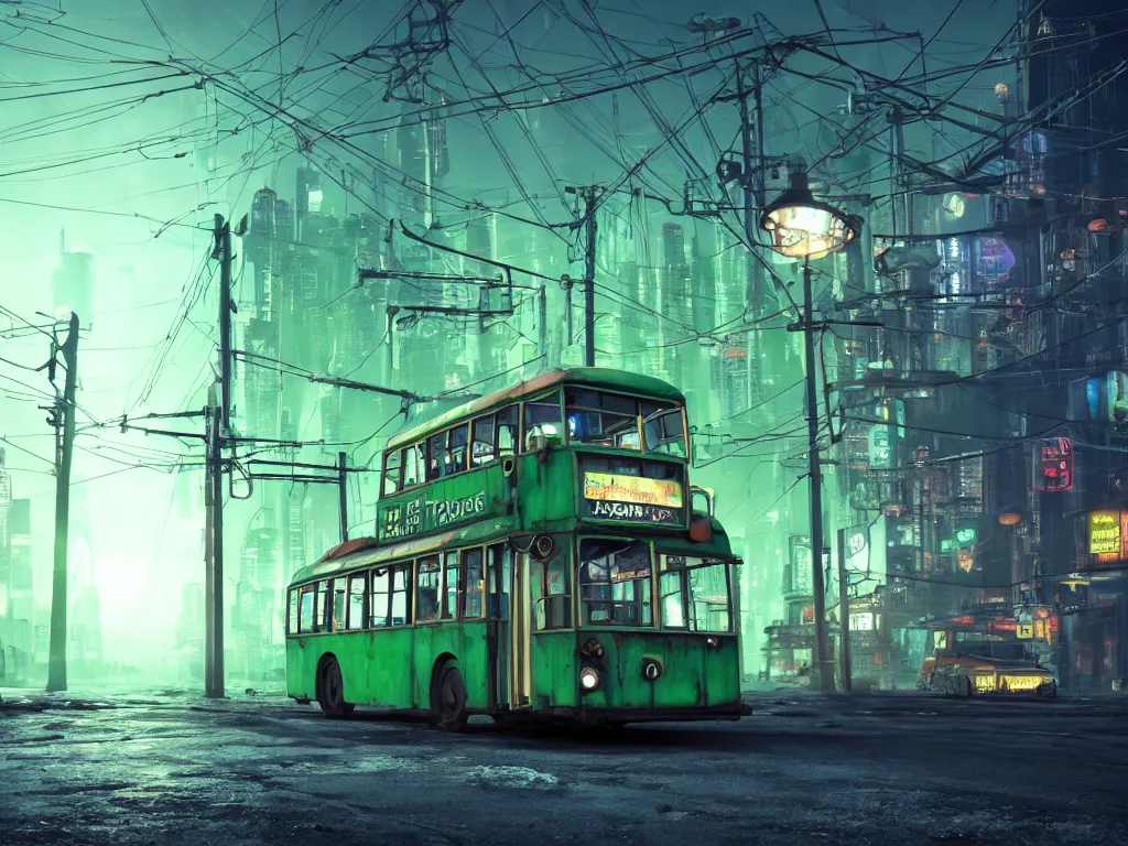 Prompt: an old shabby green trolleybus stands at a stop on the other planet, headlights shine with neon light, in the background in the distance the earth, atmospheric, futuristic, cyberpunk, ray tracing global illumination, 8 k resolution, ultra detailed