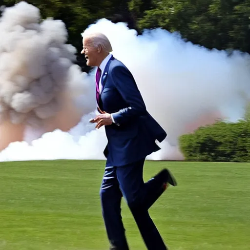 Image similar to Joe Biden running away from a missile strike in the front yard of the White House, big explosion behind him, people running behind out of focus