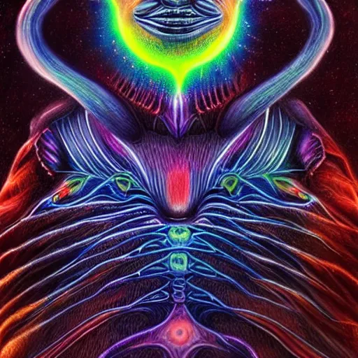 Image similar to cosmic alien lightning fox , Alex grey, realistic 4k deep color