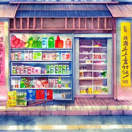 Prompt: japanese convenience store by me kyeoung lee, watercolor,