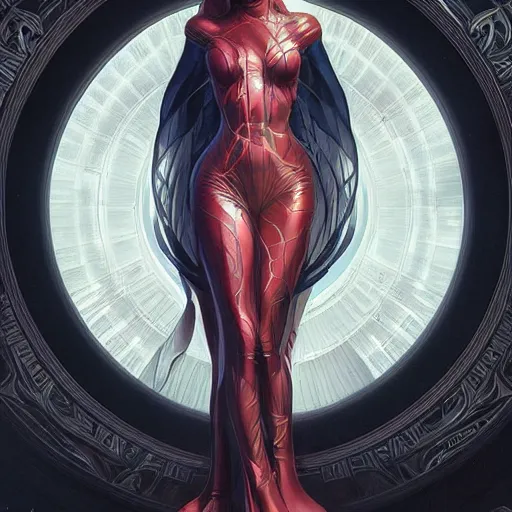 Image similar to full figure ultra realistic illustration, dakota johnson as madame web, intricate, elegant, highly detailed, digital painting, artstation, concept art, smooth, sharp focus, illustration, art by artgerm and greg rutkowski and alphonse mucha