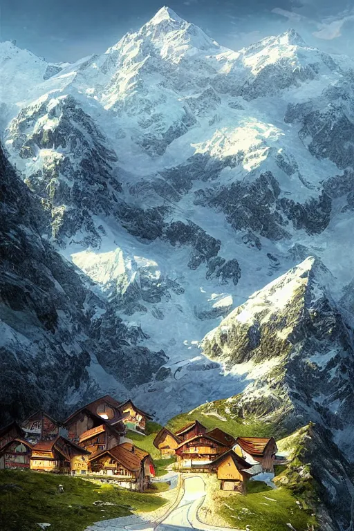 Prompt: beautiful digital illustration Swiss Alps by Marc Simonetti