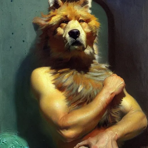 Image similar to a portrait of an very furry human with an animal's head in the pool, furry body, furry arms, furry legs, furry tail. highly detailed painting by gaston bussiere, craig mullins, j. c. leyendecker, furry