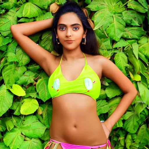 Prompt: beautiful young peruvian and bengali woman, wearing neon green and pink bikini, symmetrical face, perfect bone structure, full body portrait, oiled skin,