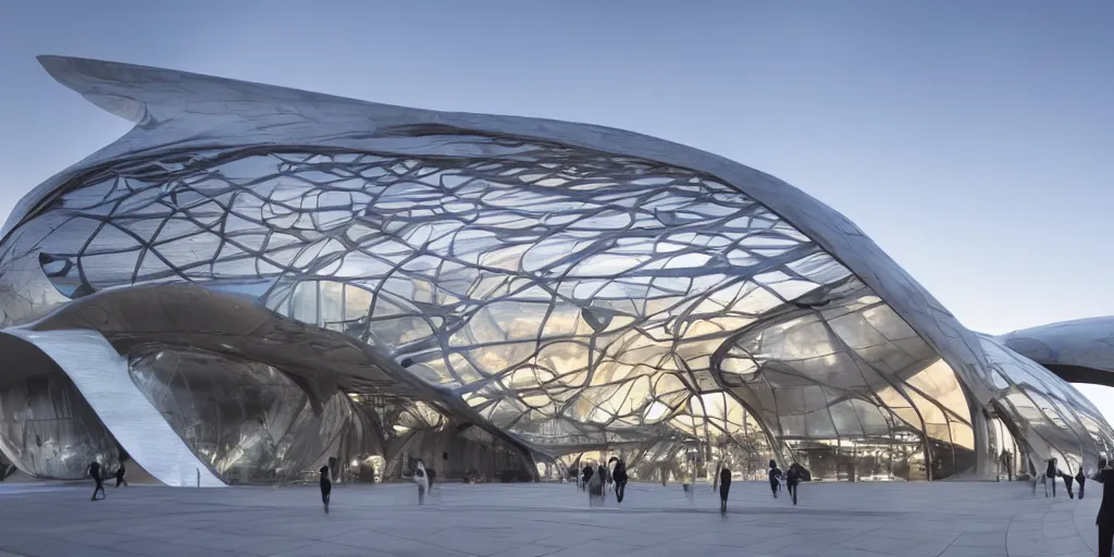 Image similar to extremely detailed ornate stunning beautiful elegant futuristic museum exterior by Zaha Hadid, stunning volumetric light, sunset