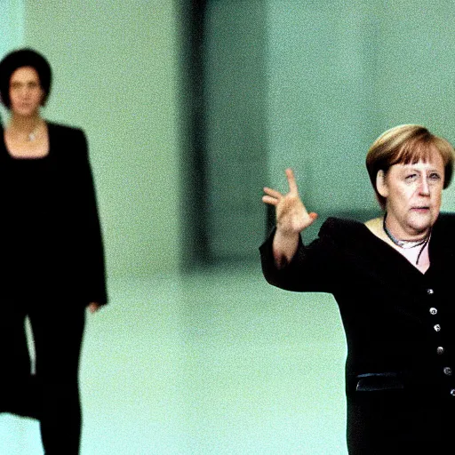 Image similar to angela merkel as neo, starring in the movie the matrix, 1999. Cinematic