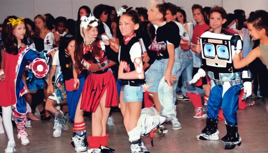 Image similar to 1990s candid photo of a middle school home coming dance with robot warrior rabbits, cinematic, UHD