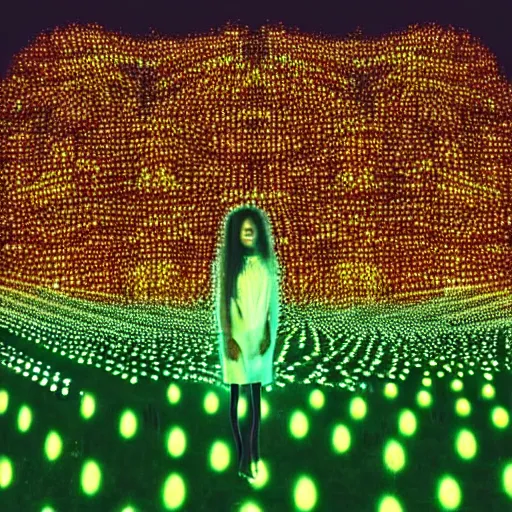 Image similar to a woman standing on steps in a field at night, a hologram by kusama, instagram, optical illusion, full body, ultra hd, neon