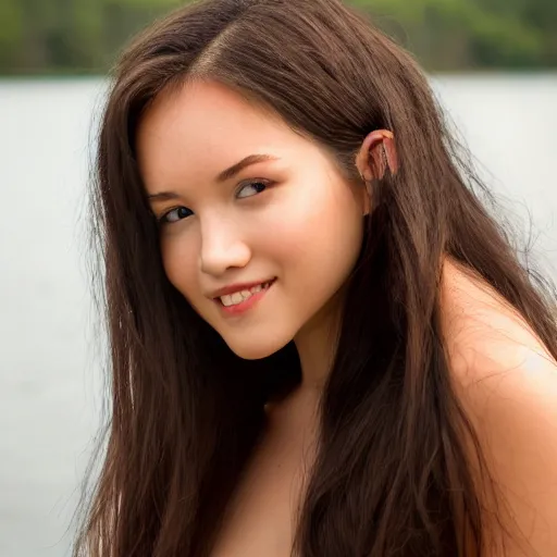 Image similar to real life photo of a beautiful girl, full body photoshoot, long black hair, full round face, short smile, brown shirt, lake setting, cinematic lightning, medium shot, mid - shot, highly detailed, trending on artstation, iso 2 0 0, f 1. 4, 8 0 mm, 8 5 mm, natural light