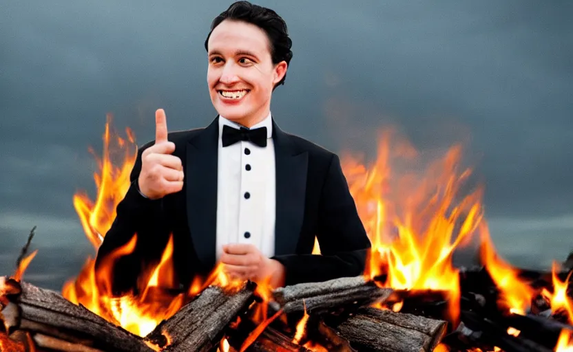 Prompt: a man wearing a tuxedo sitting in the middle of a bonfire