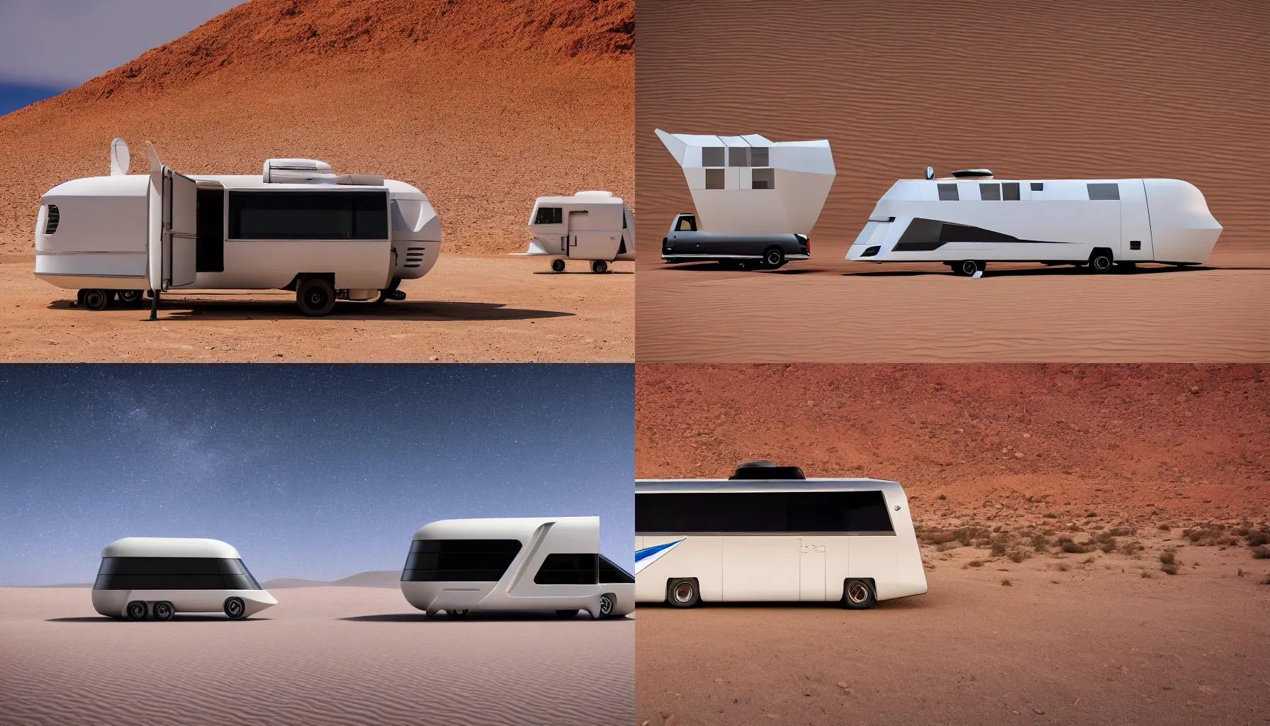 Prompt: professional photograph of a beautiful futuristic Winnebago designed by Buckminster Fuller and Zaha Hadid in a picturesque alien desert. Astronauts are camping nearby, racking focus, extreme panoramic, Dynamic Range, HDR, chromatic aberration, Orton effect intricate, elegant, highly detailed, artstation, sharp focus