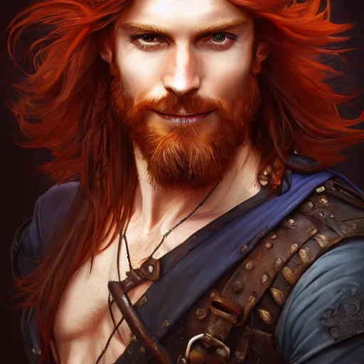 Image similar to portrait of a young ruggedly handsome but joyful pirate, male, masculine, upper body, red hair, long hair, d & d, fantasy, seductive smirk, intricate, elegant, highly detailed, digital painting, artstation, concept art, matte, sharp focus, illustration, art by artgerm and greg rutkowski and alphonse mucha