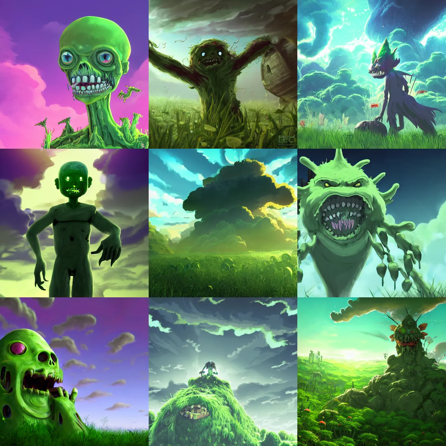 Prompt: closeup upper body of magic fantasy zombie surrounded by green poison cloud, in a gentle green dawn light, studio ghibli, clean cel shaded vector art, cinematic lighting, volumetric lighting, smooth, sharp focus, highly detailed, render in unreal engine 5, artstation, deviantart, behance, trending, epic composition, octane, light rays, award - winning