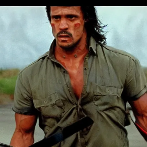 Image similar to rambo from first blood riding a kick scooter