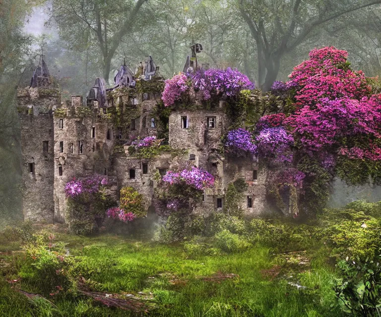 Image similar to old rundown castle in the middle of a haunted forest, foggy, high fantasy, colorful flowers, aged vegetation, photorealism