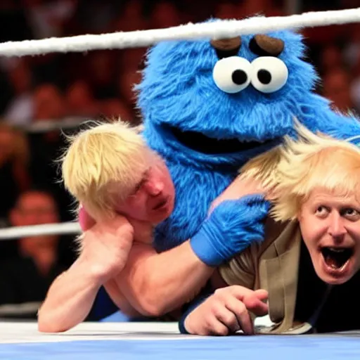 Prompt: Boris Johnson wrestling cookie monster in a wwe match