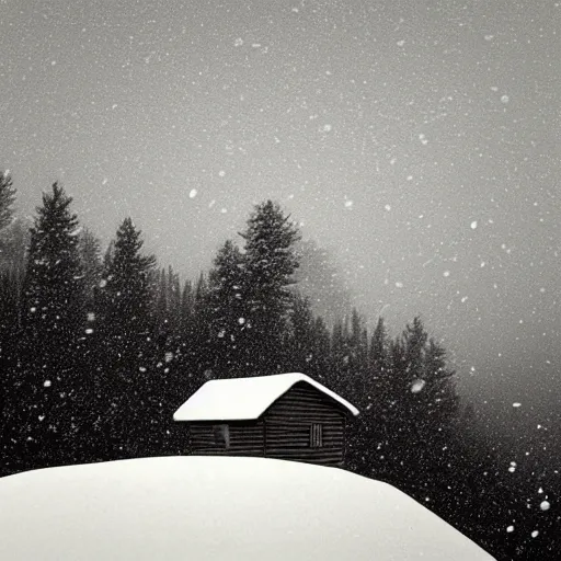 Image similar to a cabin on a hill, snowstorm, winter, by alex andreev, landscape, high contrast, digital, complementary colors