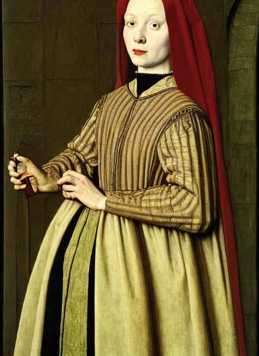 Image similar to half - length portrait of young woman in medieval dress, art by jan van eyck,