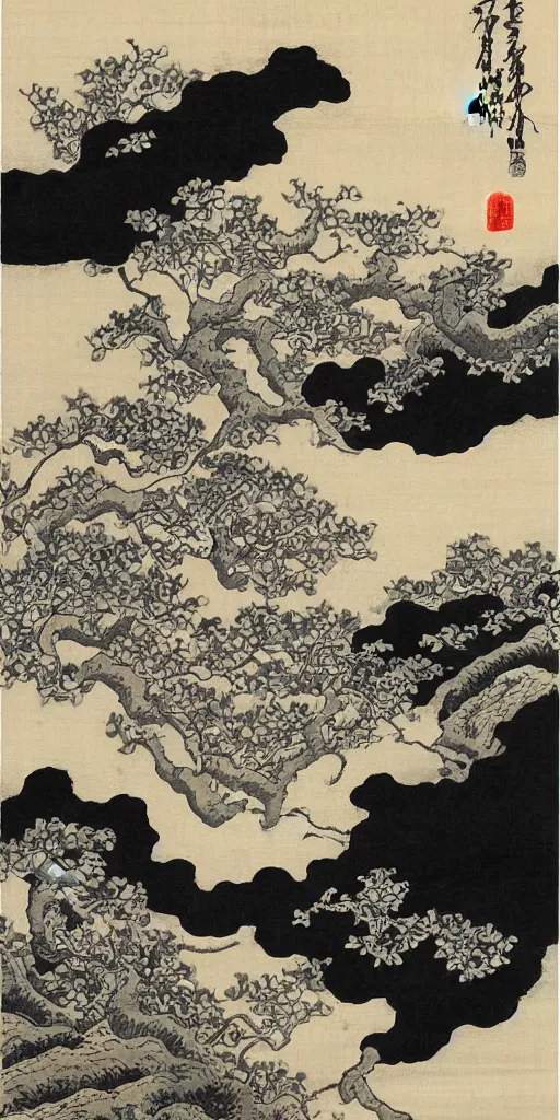 Prompt: chinese meticulous painting, black ink painting, illustration by katsushika hokusai, japanese ukiyo - e