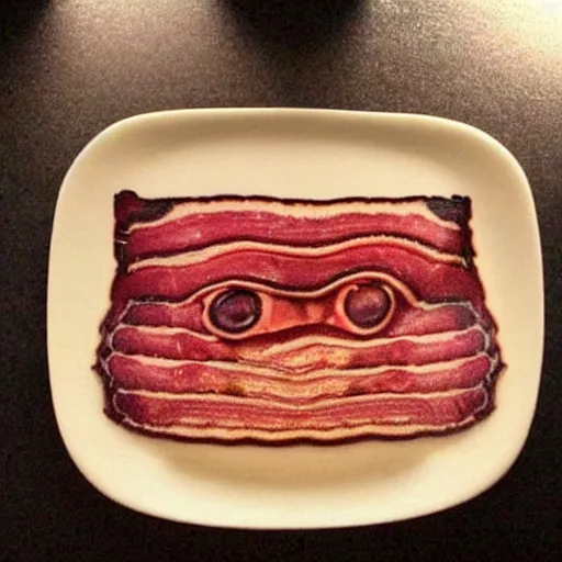 Image similar to an ultra realistic photograph of a bacon rasher on a plate, with kevin bacon's face