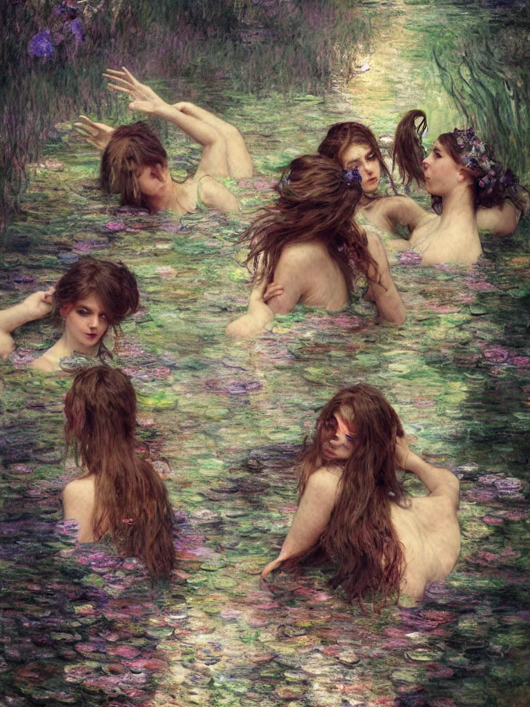 Image similar to illustration studio portrait of three dark beautiful mermaids female energy in artistic poses in the river at the forest, monet painterly motives and textures pattern, hyper detailed, octane render, vivid colors, artstation, by jeremy mann, by alphonse mucha, by monet