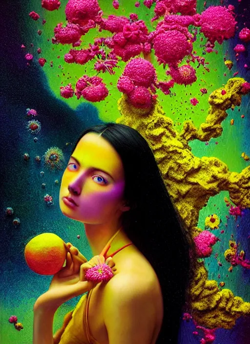 Image similar to hyper detailed 3d render like a Oil painting - black haired girl in mascara seen Eating of the Strangling network of colorful yellowcake and aerochrome and milky Fruit and Her delicate Hands hold of gossamer polyp blossoms bring iridescent fungal flowers whose spores black the foolish stars by Jacek Yerka, Mariusz Lewandowski, Houdini algorithmic generative render, Abstract brush strokes, Masterpiece, Edward Hopper and James Gilleard, Zdzislaw Beksinski, Mark Ryden, Wolfgang Lettl, Dan Hiller, hints of Yayoi Kasuma, octane render, 8k