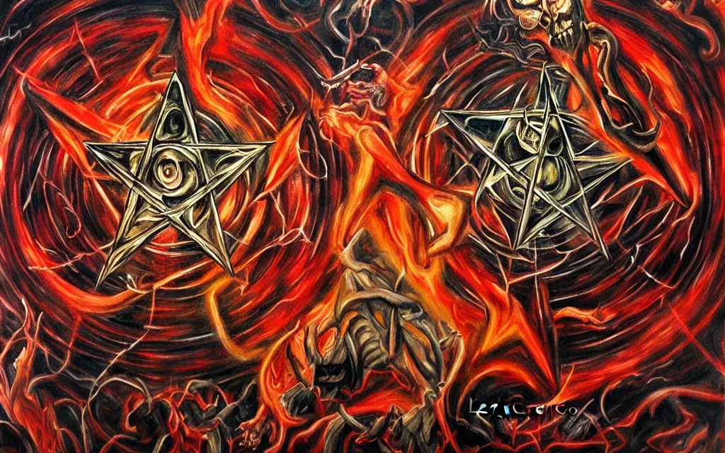 Image similar to the 7 layers of hell, doomsday, satan, pentagram, detailed, busy, hectic, painting by leona creo