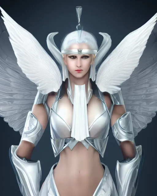 Image similar to perfect white haired attractive egyptian goddess with huge white dove wings, warframe armor, beautiful, symmetric, dreamy, half asian, pretty face, blue eyes, detailed, scifi platform, laboratory, experiment, 4 k, ultra realistic, epic lighting, android body, illuminated, cinematic, masterpiece, art by akihito tsukushi, voidstar