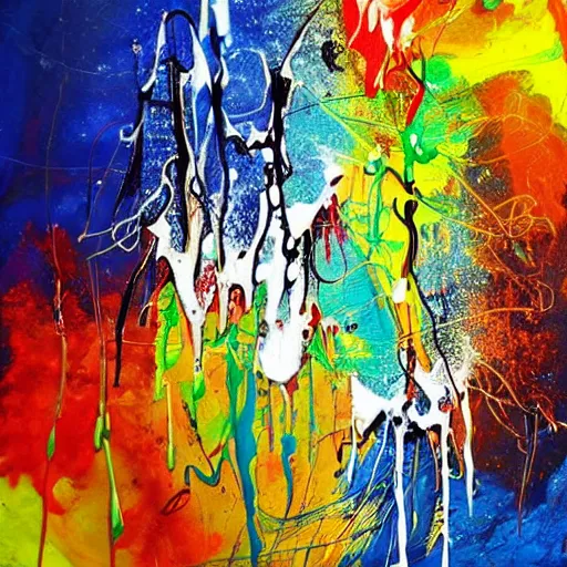 Prompt: In this experimental art, the artist has created a beautiful and dynamic composition using a technique known as drip experimental art. He has allowed the paint to run and drip down the canvas in a free and spontaneous manner, creating a sense of movement and energy. The colours are also very vibrant and alive, making the experimental art feel very dynamic. It is a truly stunning experimental art. harlequin by Arthur Streeton elaborate