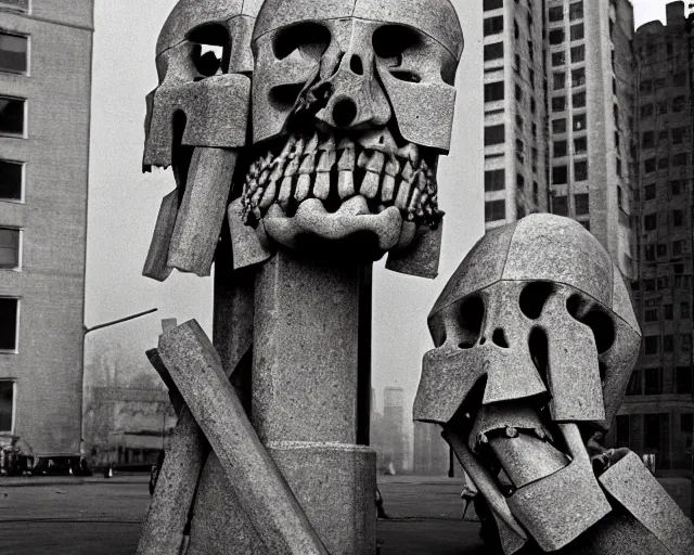 Image similar to by francis bacon, vivian maier, mystical photography evocative. an intricate fractal concrete and steel carved sculpture of the secret faces of god and a pile of bones, standing in a city center.