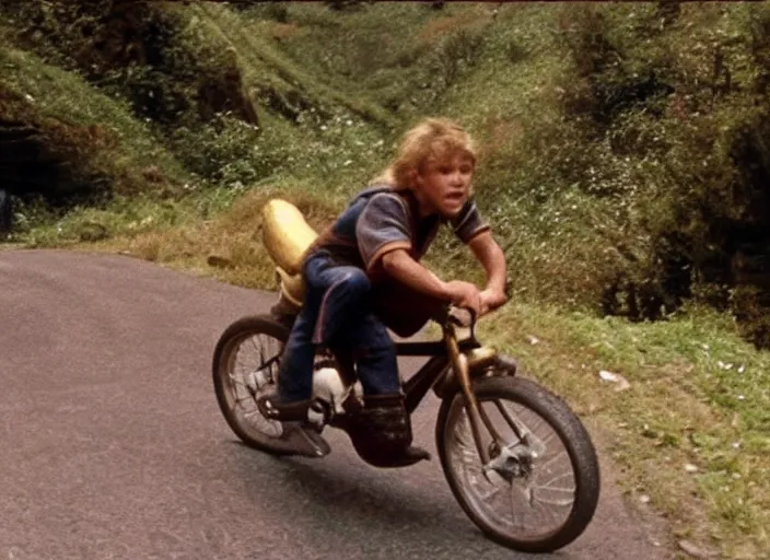 Image similar to film still of thanos riding a small childrens bike down a steep mountain road in the goonies 1 9 8 5