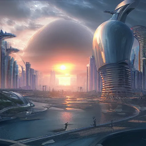 Image similar to bio-futurism, utopian city,differential growth,city panorama,beautiful sunset,panoramic,boris vallejo,luis royo,michael whelan,photorealistic,unreal engine 5,octane render,detailed