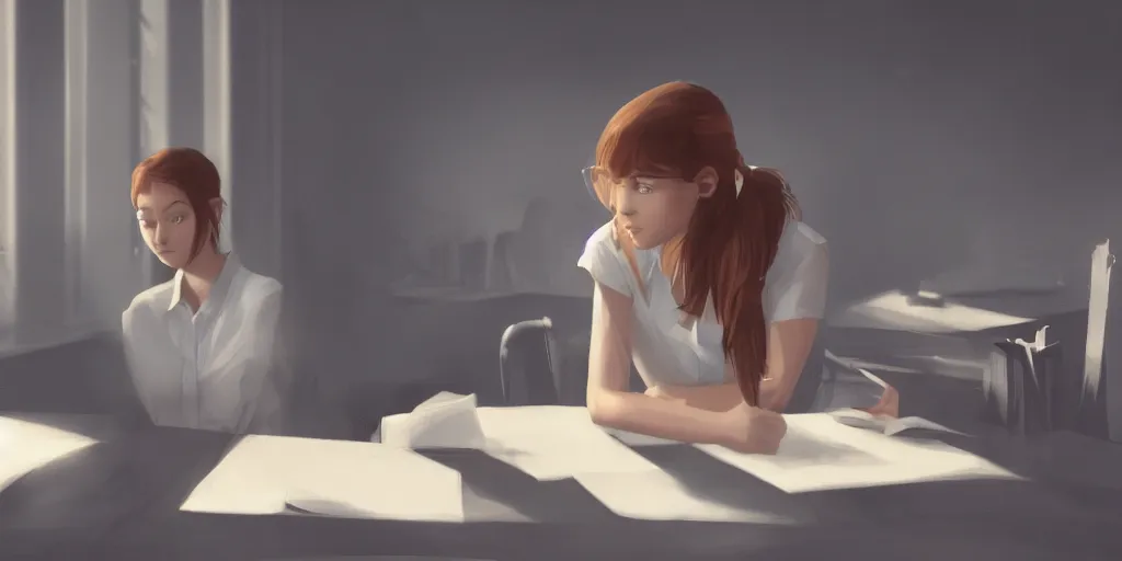 Image similar to an environmental concept art of a female student sitting at a desk, highly detailed, cinematic, dramatic lighting, close shot by francis tneh