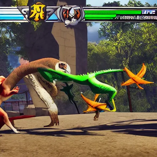 Prompt: screenshot of animal fighting game on ps 4, bird vs lizard, unreal engine,