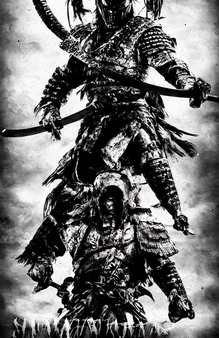 Image similar to movie film poster art for samurai vs predator film shot in feudal japan staring hiroyuki sanada. in the style of ansel adams, frank frazzetta, warcraft