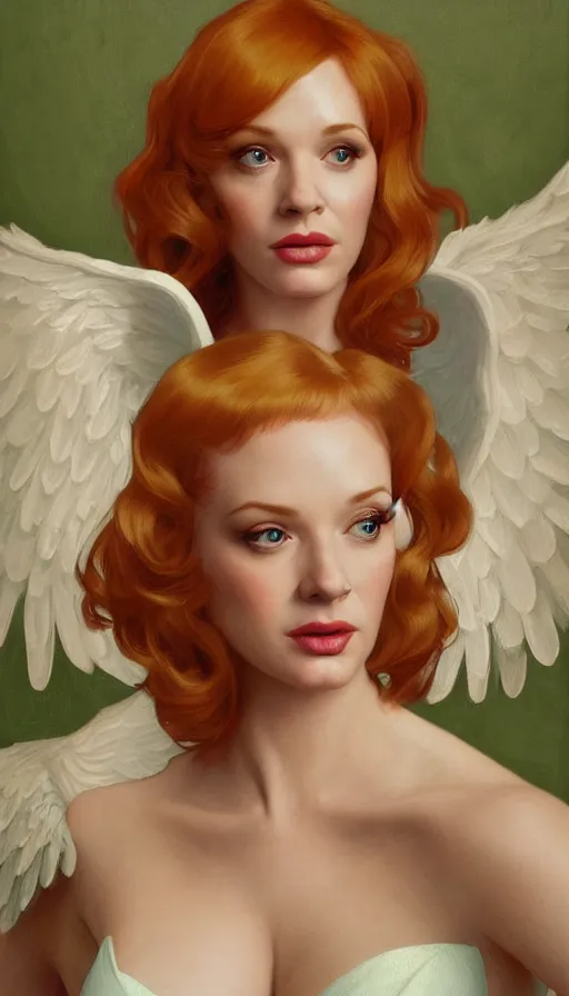 Image similar to Angel, perfectly-centered-painting of young Christina Hendricks in Mad Men looking at the camera, hands behind her back, sweaty, dynamic action pose, insane, intricate, highly detailed, digital painting, artstation, concept art, smooth, sharp focus, illustration, Unreal Engine 5, 8K, art by artgerm and greg rutkowski and alphonse mucha