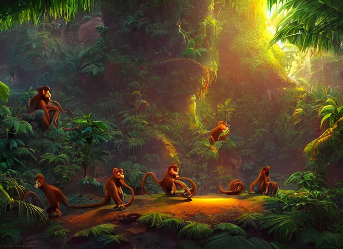 Prompt: monkeys programming supercomputers in the jungle fantastic artstyle,, fantasy, elegant, digital painting, artstation, unreal engine, octane render, concept art, matte, sharp focus, vibrant colors, high contrast, illustration, art by justin gerard