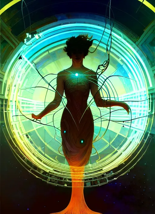 Image similar to high depth, collective civilization universal, calm, healing, resting, life, hybrids, scifi, glowing lights!!, published concept art, mixed medias, image overlays, sharp focus, thin glowing wires, winning illustration, art by greg rutkowski and alphonse mucha, singularity!!!, 3 6 0 projection