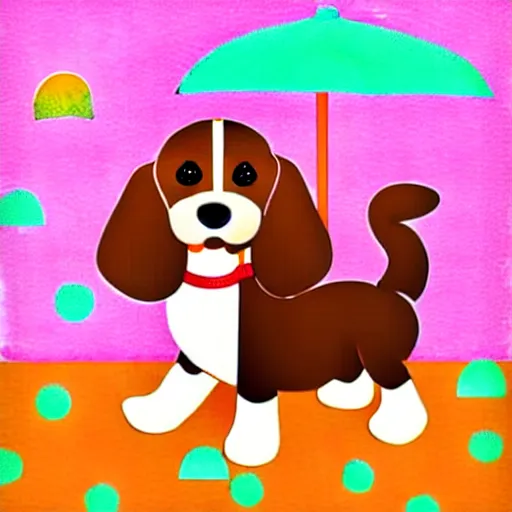 Image similar to cute brown spaniel by the seaside, parasols, bright towels, geometric, pop, sketch, artwork