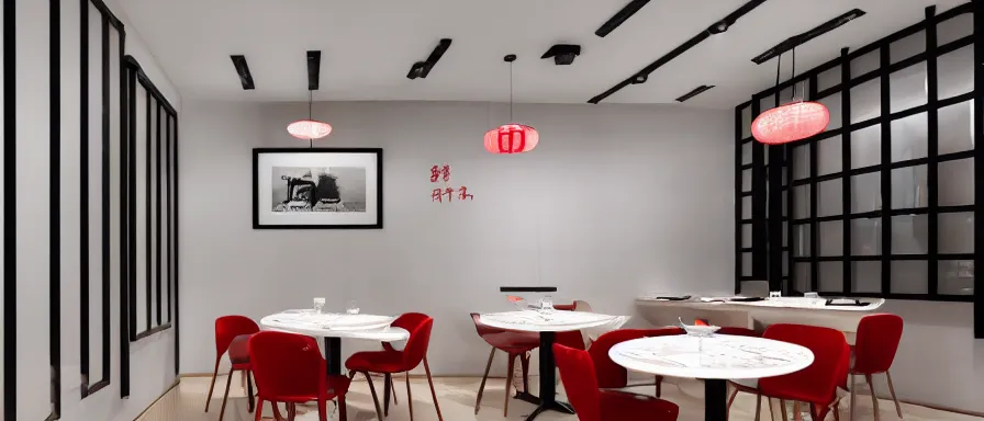 Image similar to a beautiful simple interior render of small roasted string hotpot restaurant restaurant yan'an, wall corner, from china, red paper wall and white tile floor, rectangle white porcelain table, black chair, fine simple delicate structure, chinese style, simple composition, simple style structure decoration design, victo ngai, 4 k hd