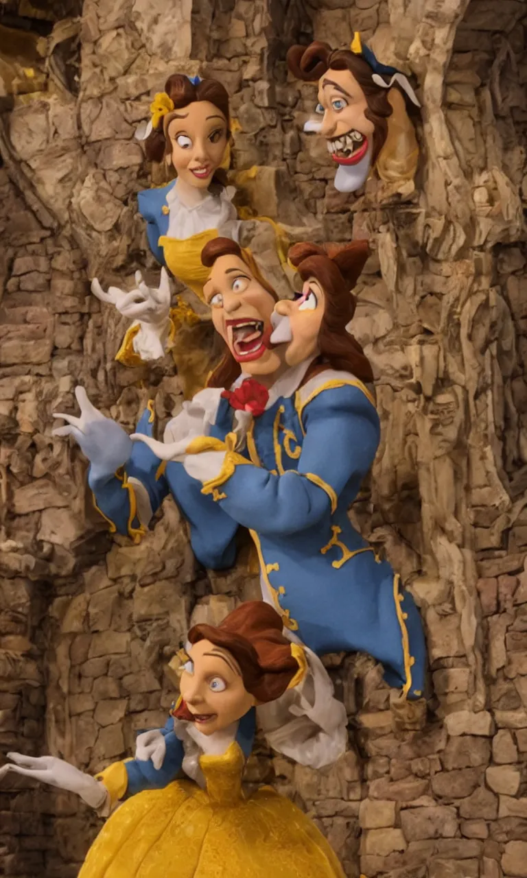 Prompt: a close-up shot of Bell from a claymation stop motion scene of beauty and the beast featuring Scarlet Johansson as Belle