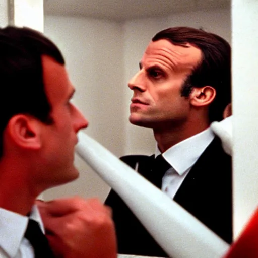 Image similar to Emmanuel macron taking a bath in American Psycho (1999), blur on his body