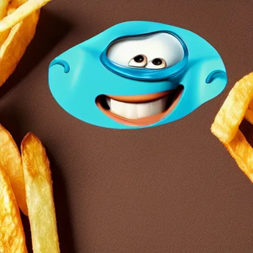 Image similar to photo of [ a single salted french fry chip ] shaped like that looks like stephen fry as a pixar character hybrid intercross mix cinematic lighting