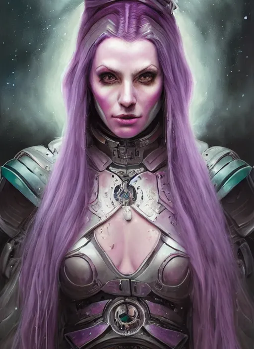 Prompt: a hyper detailed face portrait of a pale woman with purple hair in sci - fi cybernetic armor, sylvanas windrunner, sideshow figurines, by tom bagshaw, artgerm, dorian cleavenger, greg rutkowski, wlop, astri lohne, zdzisław beksinski trending on artstation