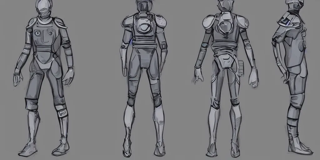 Prompt: male, space suit, character sheet, concept art, stylized, large shoulders, long thin legs, exaggerated proportions, concept design