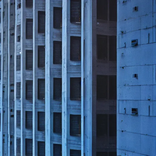 Image similar to 1984, Orwellian dystopia, brutalist buildings, deep blue atmosphere, blue hour