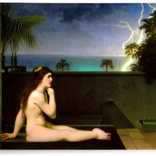 Image similar to Silhouette of two girls at the palace, thunderstorm, greek pool, beach and palm trees on the background major arcana sky, by paul delaroche, alphonse mucha and arnold böcklin arnold böcklin hyperrealistic 8k, very detailed