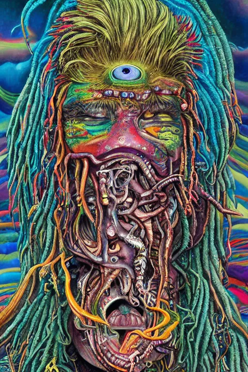 Image similar to a high detailed hyper detailed painting of a spiritual monster with dreadlocks and several eyes, pointy teeth and colorful skin with scales and strange textures, surreal psychedelic cosmic horror